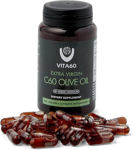 VITA60 - Cápsulas de Óleo C60 | Vitalidade Antienvelhecimento e Suporte Antioxidante | C60 Puro 99,99% Livre de Solventes | Óleo Orgânico | Amigável aos Veganos | Atendimento ao Cliente Superior (Azeite)