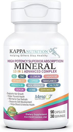Vitaminas K2, D3, Zinco, Selênio, Vanádio, Cobre, Manganês, Potássio, Molibdênio, Cálcio, Cromo, Iodo, Boro – 90 Cápsulas – Mineral 13 em 1 - KAPPA NUTRITION