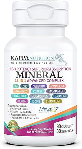 Vitaminas K2, D3, Zinco, Selênio, Vanádio, Cobre, Manganês, Potássio, Molibdênio, Cálcio, Cromo, Iodo, Boro – 90 Cápsulas – Mineral 13 em 1 - KAPPA NUTRITION