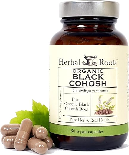 Herbal Roots - Raízes de Ervas Orgânicas de Cohosh Preto | 600mg Extra Forte | Suporte para Menopausa e Menstruação em Mulheres | 60 Cápsulas, Vegano