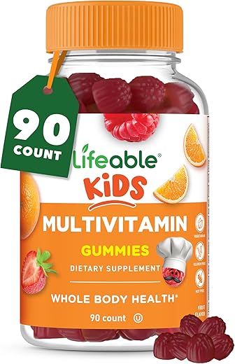 Kids Multivitamina – Sabor Natural Incrível – Goma Vegetariana Livre de OGM – Suplemento Vitamínico com Vitaminas A, C, D, E, B6, B12, Zinco, Biotina, Ácido Fólico, Iodo - Lifeable
