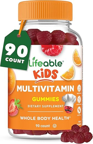 Kids Multivitamina – Sabor Natural Incrível – Goma Vegetariana Livre de OGM – Suplemento Vitamínico com Vitaminas A, C, D, E, B6, B12, Zinco, Biotina, Ácido Fólico, Iodo - Lifeable