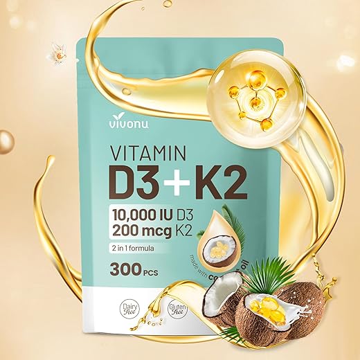 VivoNu - Vitamina D3 10000 UI Plus K2 (MK-7) 200 mcg, 300 Softgels de Óleo de Coco | 2 em 1 VIT D