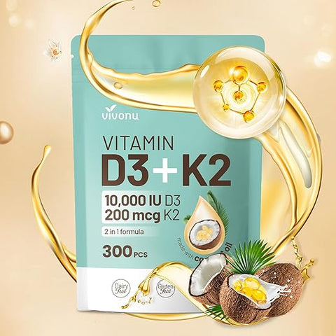 VivoNu - Vitamina D3 10000 UI Plus K2 (MK-7) 200 mcg, 300 Softgels de Óleo de Coco | 2 em 1 VIT D
