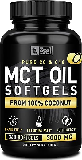 Zeal Naturals - Óleo de MCT Puro em Cápsulas (360 Softgels | 3000mg) Suprimento de 4 Meses – Keto Pills com Coco Não Refinado – C10