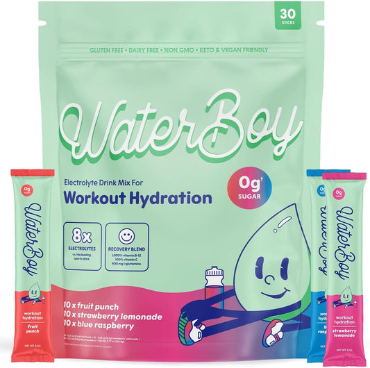 Hidratação Waterboy Workout | Sachês de Pó de Eletrólitos Sem Açúcar 2.960mg | Vitaminas L-Glutamina | Natural, Sem Açúcar, Sem Glúten (Variedade)