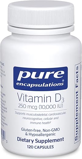 Vitamina D3 250 mcg (10.000 UI) Pure Encapsulations – Suplemento para Suporte Ósseo, Articular, Mamário, Cardíaco, Intestinal