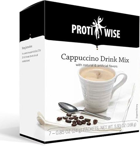 Bebida Dietética de Alta Proteína | Cappuccino | Baixa Caloria, Baixo Teor de Gordura, Sem Açúcar (7/Box) - ProtiWise