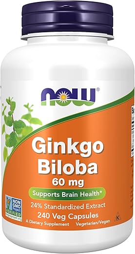 Ginkgo Biloba 60 mg – Extrato Padronizado 24%, Verificado pelo Projeto Non-GMO, 240 Cápsulas Vegetais - NOW Foods