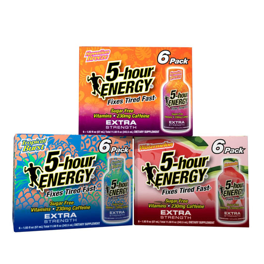5-hour ENERGY - Pacote com Variedade de 18 Shots Extra Forte 5-Hour Energy (55 ml) – Explosão Tropical, Brisa Havaiana, Sabores de Melancia