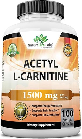 NaturaLife Labs A Higher Standard - Acetyl L-Carnitina 1.500 mg Alta Potência Suporta Produção Natural de Energia, Nutrição Esportiva, Suporta Memória/Foco – 100 Cápsulas Vegetais