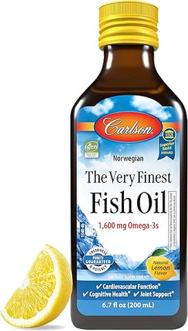 Óleo de Peixe Muito Fino, 1600 mg Ômega-3, Suplemento Líquido de Óleo de Peixe, Óleo de Peixe Norueguês, Capturado na Natureza, Óleo de Peixe Líquido Sustentável, Limão, 200ml, 6.7 Fl Oz - Carlson