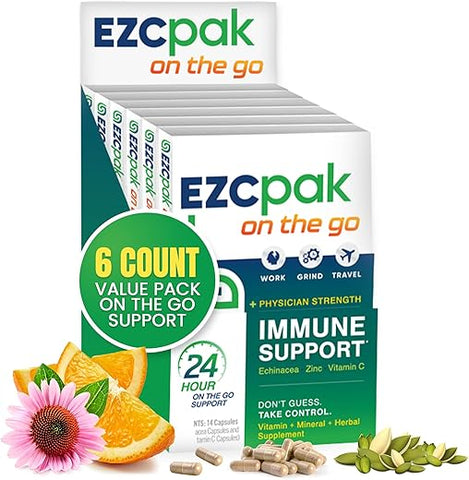 On The Go – Reforço do Sistema Imunológico com Equinácea, Vitamina C e Zinco – Suporte Imunológico para Adultos (Embalagem com 6 unidades) - EZC Pak