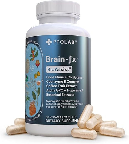 PPO Lab - BioAssist® Brain-fx: Energizante Nootrópico para Memória, Foco e Suporte Cerebral com Certificação Clean Certified® – Leão Mane, B12, Alpha GPC, Ginseng, L-Theanine, Complexo B, Fruta do Café, Cordyceps – 60 cápsulas