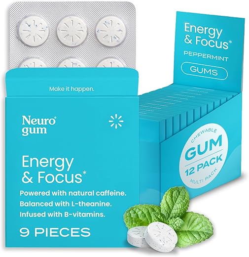 Energy – Goma de Cafeína (108 Unidades) – Sem Açúcar com L-teanina, Cafeína Natural e Vitamina B12 - NeuroGum