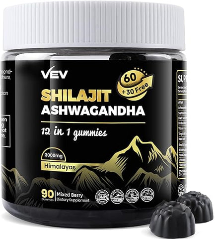 Gummies de Shilajit com Ashwagandha, Sea Moss e Óleo de Semente Preta – Potencialize sua saúde com ingredientes naturais! - VEV
