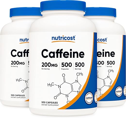 Cápsulas de Cafeína (3 Frascos) – 200mg – 500 Unidades Cada - Nutricost