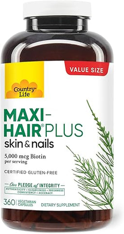 Maxi-Hair Plus 5000 mcg Biotina, 360 Cápsulas, Certificado Sem Glúten, Certificado Vegetariano - Country Life