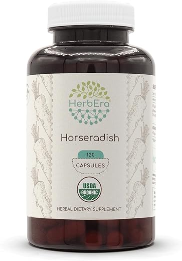 HerbEra - Horseradish Orgânico USDA 120 Cápsulas | Suplemento Herbal Natural | Cápsulas Vegetarianas Certificadas Orgânicas e Raiz Seca de Horseradish Orgânico (Armoracia rusticana) (120 Cápsulas)