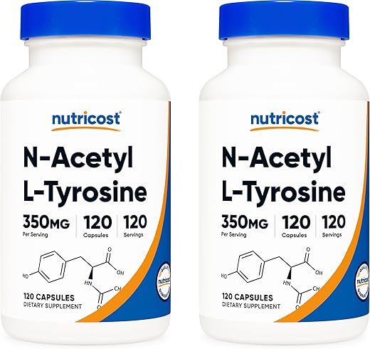 N-Acetyl L-Tyrosine (NALT) 350mg – 120 Cápsulas (2 Frascos) – Livre de Glúten, Não-OGM - Nutricost