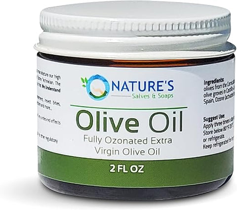 Nature's Salves and Soaps - Salves e Sabonetes Naturais de Azeite de Oliva Extra Virgem 100% Orgânico, Ozonizado, Holístico, Homeopático – 60ml – Frasco de Vidro