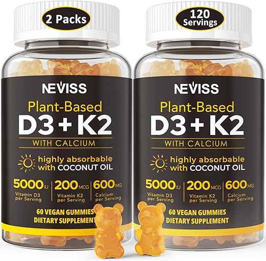 NEVISS - Suplemento Vitamínico D3 K2 de Alta Absorção com Cálcio e Óleo de Coco – Fortalecimento Ósseo – 5000UI Gomas 125mcg, 600mg de Cálcio, 200mcg de K2 (MK7)