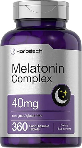 Melatonin 40mg Complex | 360 Comprimidos de Dissolução Rápida | Suplemento Extra Forte para Adultos | com Camomila e Ashwagandha | Vegetariano, Não-OGM, Sem Glúten - Horbäach