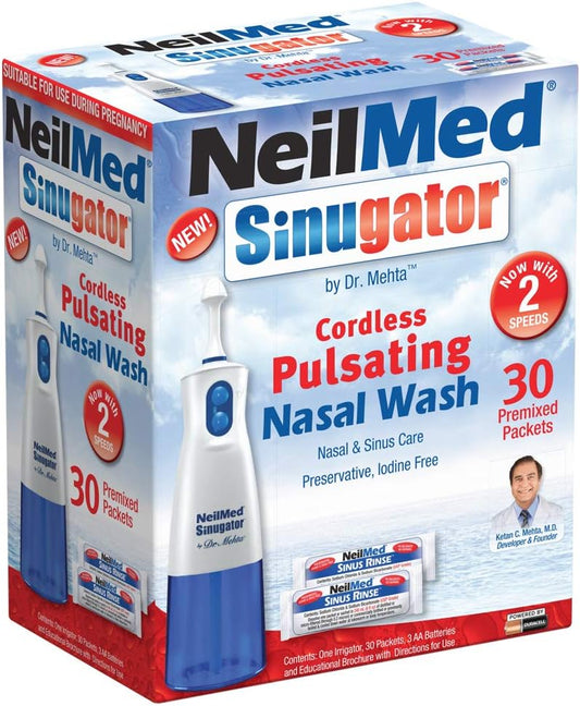 Kit de Lavagem Nasal NeilMed Sinugator sem Fio com Irrigador, 30 Pacotes Pré-Misturados e 3 Pilhas AA (1 unidade)