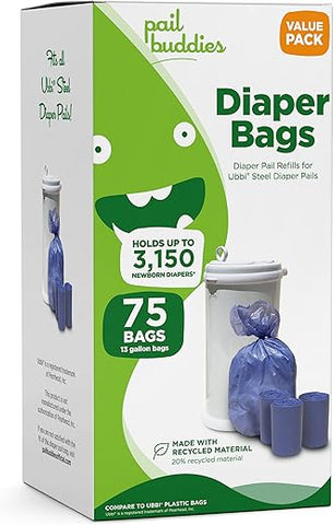 Bolsas de Fraldas Pail Buddies, 75 Unidades, Fragrância de Pó Fresco, Compatíveis com o Balde de Fraldas Ubbi, Feitas com Material Reciclado, Capacidade de 13 Litros, Fortes e Duráveis