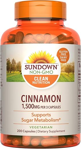 Cápsulas de Canela Sundown, Suporte ao Metabolismo do Açúcar, Sem OGM, Sem Glúten, Sem Lactose, 200 Unidades