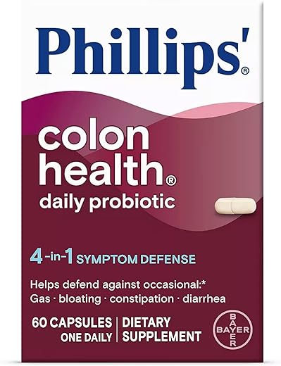 Phillips' - Phillips Colon Health – Cápsulas Probióticas Diárias 4 em 1, Defesa contra Gases, Inchaço, Prisão de Ventre e Diarreia, 60 Unidades