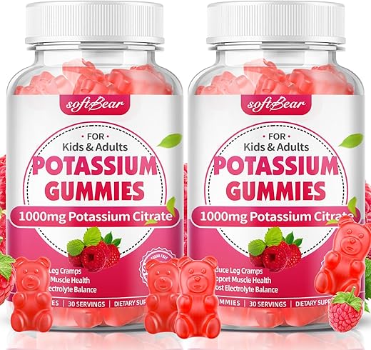 softbear - Softbear Gomas de Potássio para Adultos, Alta Potência Citrato de Potássio 1000mg Suporta Cãibras nas Pernas