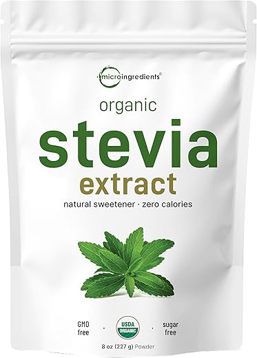 Micro Ingredients - Stevia Orgânica Pura em Pó, 227g, 1418 Porções, Extrato de Folha de Stevia Verde de Alta Qualidade Reb-A, Sabor Amargo Reduzido, Adoçante Natural, Alternativa ao Açúcar, Keto