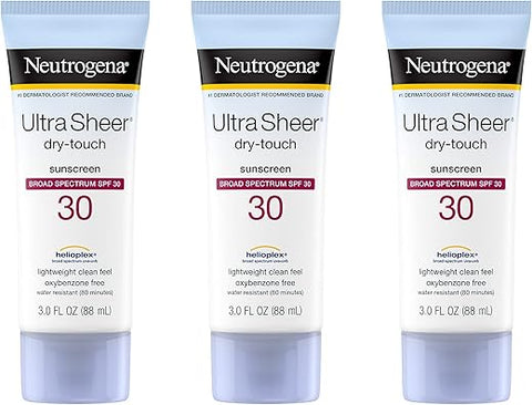 Protetor Solar Neutrogena Ultra Sheer Dry-Touch FPS 30, Proteção UVA/UVB, Livre de Oxybenzone, Resistente à Água, Não Comedogênico, Não Oleoso, Tamanho Viagem, 90 ml