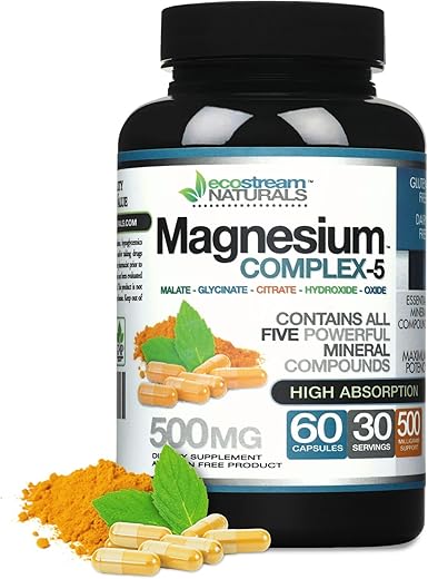 ecostream Naturals - Complexo de Magnésio 500mg – Todos os 5 Compostos Minerais de Magnésio – Alta Absorção – Livre de Glúten