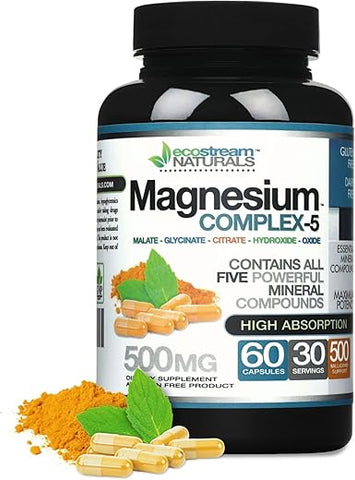 ecostream Naturals - Complexo de Magnésio 500mg – Todos os 5 Compostos Minerais de Magnésio – Alta Absorção – Livre de Glúten
