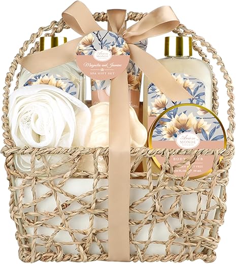 ArioseMonde - Cesta de Presente para Spa em Casa, Kit de Banho para Mulheres, com Loção Corporal, Gel de Banho, Espuma de Banho, Esfoliante Corporal, Sal de Banho, Bomba de Banho, Conjunto de Presente para Mãe, Esposa, com Magnólia e