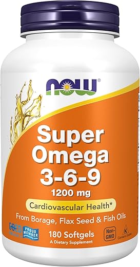 Suplementos, Super Ômega 3-6-9 1200 mg com uma mistura de Óleos de Peixe, Borragem e Linhaça, 180 Softgels - NOW Foods