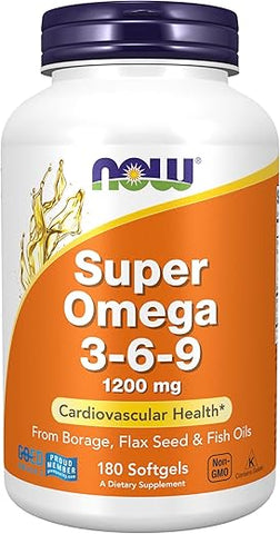 Suplementos, Super Ômega 3-6-9 1200 mg com uma mistura de Óleos de Peixe, Borragem e Linhaça, 180 Softgels - NOW Foods