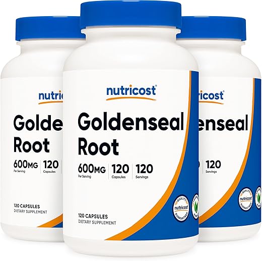 Goldenseal Root 600mg – 120 Cápsulas (3 Frascos) – Sem OGM, Sem Glúten, Cápsulas Vegetais - Nutricost