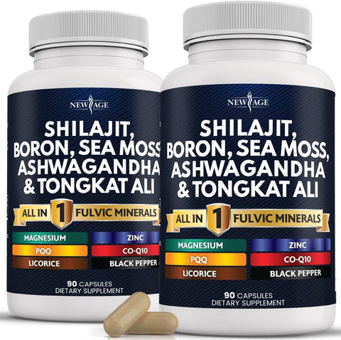 Shilajit 10,000mg com Sea Moss 6000mg, Ashwagandha 6000mg, Tongkat Ali, Boron, Magnésio – Cápsulas de Ácido Fúlvico para Homens – 180 Unidades - NEW AGE