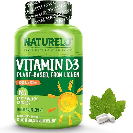 Vitamina D – 5000 UI – Baseada em Líquen – Suplemento Natural de D3 para Sistema Imunológico, Suporte Ósseo, Saúde das Articulações – Alta Potência – Vegano – Não-OGM – Sem Glúten – 180 cápsulas - NATURELO