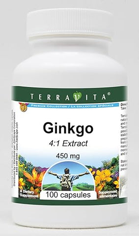 Terravita - Ginkgo 4:1 – 450 mg (100 Cápsulas) – 2 Pacotes | Ginkgo Biloba 4:1 Concentrado | Saúde Cerebral | Memória e Concentração | Antioxidante Natural