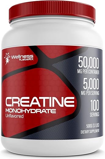 WELLNESS LABSRX - Creatina em Pó Monohidratada – 5000mg, (500g) 100 Porções, Creatina Micronizada para Homens, Suplemento para Crescimento e Recuperação Muscular, Performance Aumentada