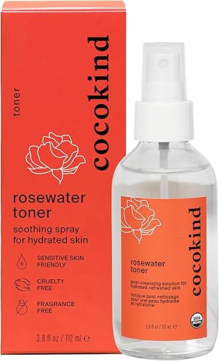 Rosewater Facial Toner Cocokind, Spray Multipurpose para Fixar Maquiagem, Limpeza Dupla e Equilíbrio do pH da Pele, Feito com Hidrossol de Rosa, 120 ml