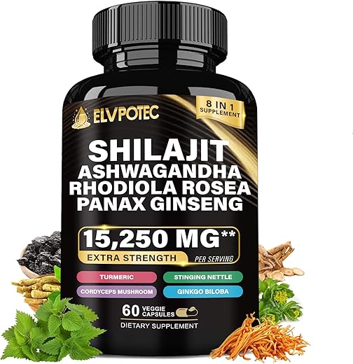 9000MG Shilajit Puro do Himalaia, 2000MG Ashwagandha Energizante, 1000MG Rhodiola Rosea, 1500MG Panax Ginseng, 500MG Cúrcuma, 500MG Ginkgo, 250MG Urtiga, Energia Natural e Saúde Potencializada - ELVPOTEC