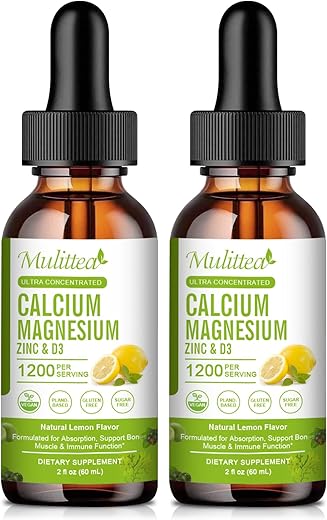 Mulittea - Suplemento de Cálcio Magnésio Zinco com Glicinato de Magnésio 500mg Mais Vitamina C D3 K2 | Fornecimento de 2 Meses | Suplemento de Cálcio com Vitamina D3 K2 em Gotas Líquidas | Sem Glúten | Embalagem com 2 Unidades