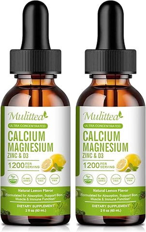 Mulittea - Suplemento de Cálcio Magnésio Zinco com Glicinato de Magnésio 500mg Mais Vitamina C D3 K2 | Fornecimento de 2 Meses | Suplemento de Cálcio com Vitamina D3 K2 em Gotas Líquidas | Sem Glúten | Embalagem com 2 Unidades