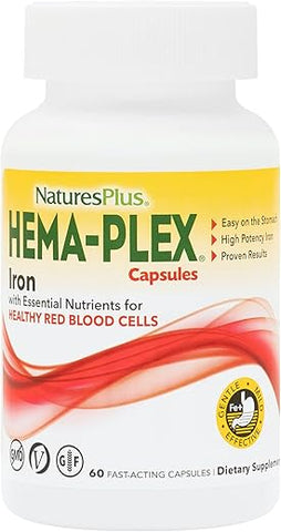 Natures Plus - NaturesPlus Hema-Plex Ferro – 60 Cápsulas de Ação Rápida – 85 mg de Ferro Elemental Vitamina C