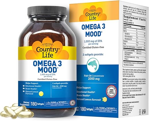 Ômega 3 Óleo de Peixe – Alta Concentração de Ácidos Graxos Ômega 3 EPA e DHA – 2000mg Óleo de Peixe para Saúde Emocional, Suporte ao Humor e Sem Sabor de Peixe – Natural - Country Life